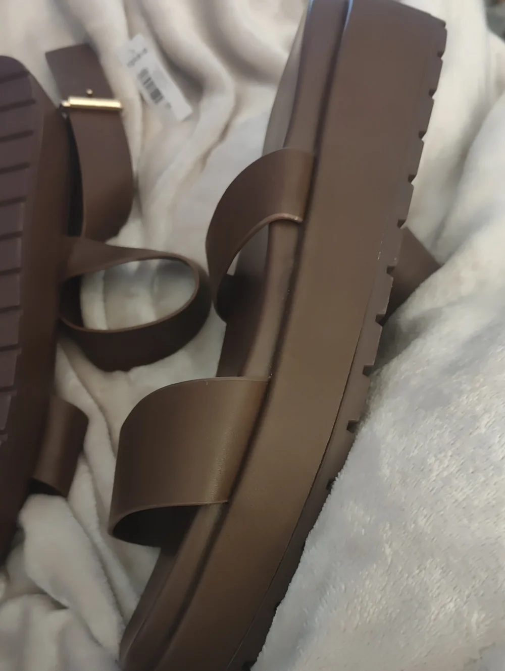 Brown Double-Strap Slide Sandals with Metal Buckle Accent